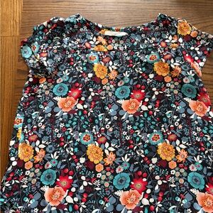 Loft Floral Short Sleeve Blouse in Black with Teal & Orange Blooms